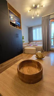a living room with a wooden bowl on the floor at Studio79 in Plovdiv