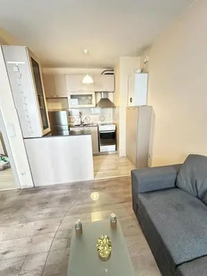a living room with a couch and a kitchen at Paradise Comfort in Sofia