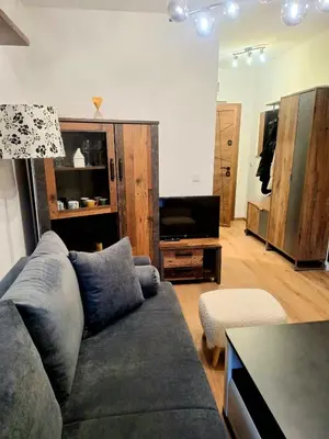 a living room with a couch and a table at ADV Apartment in Bansko
