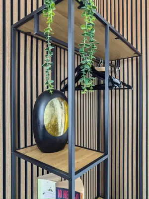 a black vase sitting on a shelf with plants at Kolev Apartment 2 in Sofia