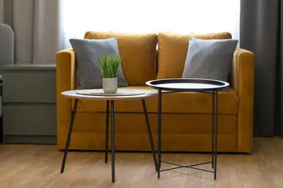 a couch and two tables with a plant on it at Domus Magnolia Studio In The Top Center in Plovdiv