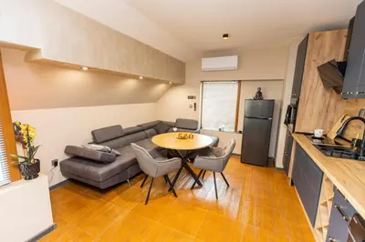 a kitchen and living room with a table and a couch at Djanina 3 in Sandanski
