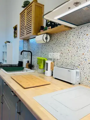 a kitchen counter with a sink and a toaster at Casa Tiempo in Sofia