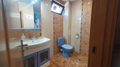 a bathroom with a blue toilet and a sink at Malina Apart in Plovdiv