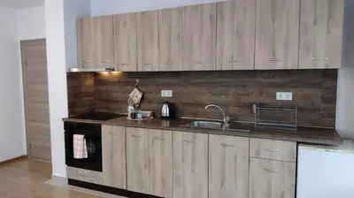 a kitchen with wooden cabinets and a sink and a stove at Sofia Harmony Tranquility Comfort and Free Parking in Sofia