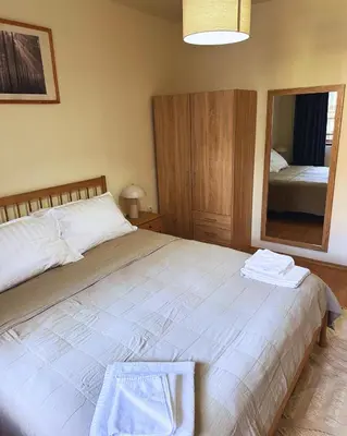 a bedroom with a large bed with a mirror at Ski Lift Apartment in Bansko