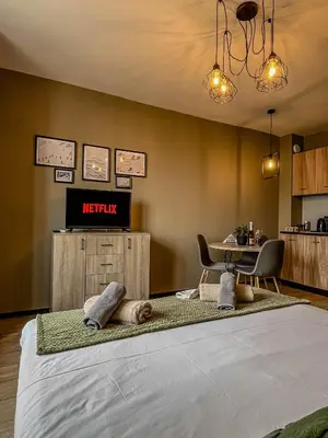 a bedroom with a bed and a table with a tv at Tarein Studio in Bansko