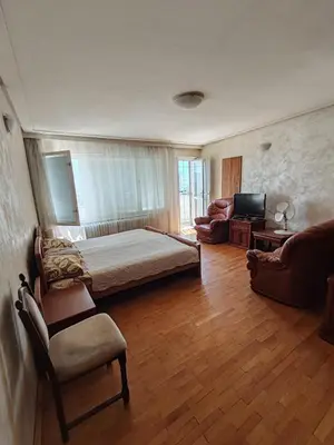 a bedroom with a bed and a couch and a television at Апартамент Sofia View in Sofia