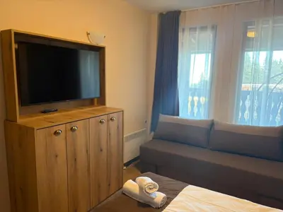 a living room with a television and a couch at Апартаменти Pamporovo Dream в Гранд Ризорт Пампорово in Pamporovo