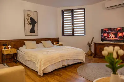 a bedroom with a bed and a flat screen tv at Flat in Bansko 5m walk to gondola in Bansko