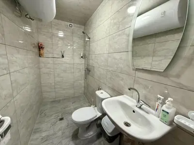 a bathroom with a toilet and a sink and a mirror at Guest House Mihalkovo in Mikhalkovo