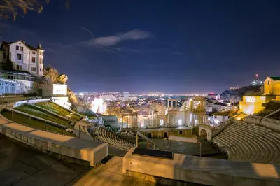 a view of a city at night at Quiet & Comfy 1BR in the Heart of Plovdiv with Private Balcony in Plovdiv