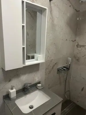 a bathroom with a white sink and a mirror at Cozy and comfortable panorama park Entrance E not K in Plovdiv