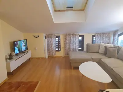 a living room with a couch and a tv at Apartment Sunny in Pamporovo