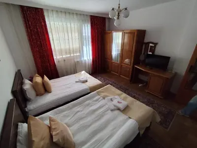 a hotel room with two beds and a television at Mountain View ECOVILLA in Devin