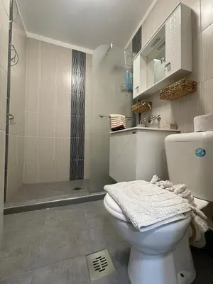 a bathroom with a white toilet and a shower at Apartamento Estrella in Sofia
