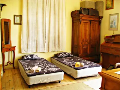 two twin beds in a room with a window at Apartment Mariza in Plovdiv