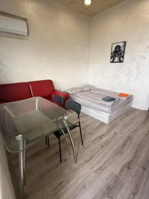 a room with a couch and a table and a bed at The Alpha in Sofia