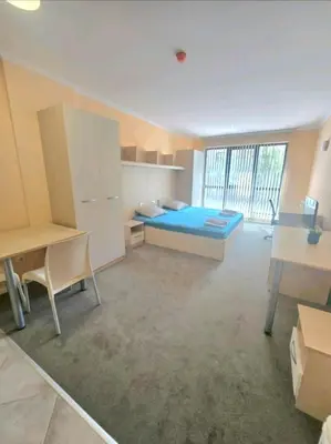 a room with a bed and a desk and a table at Nexus of Power in Sofia