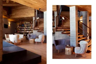 two pictures of a room with chairs and a library at Хотел Гела in Gela