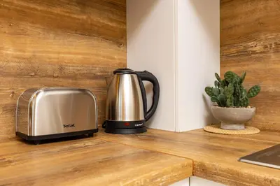a toaster sitting on a counter next to a plant at Maritsa 1BD Apartment by Flat Manager in Plovdiv