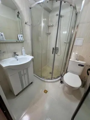 a bathroom with a shower and a toilet and a sink at United Apartments 3 in Sandanski