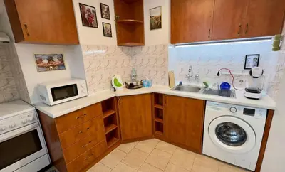 a small kitchen with a sink and a washing machine at The Nest Above Sofia Studio in Sofia