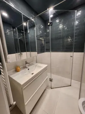 a bathroom with a sink and a glass shower at Paradise Stay & private parking in Sofia