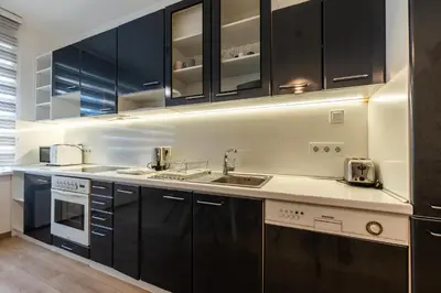 a kitchen with black cabinets and a sink at Finest 3BR Downtown in Sofia