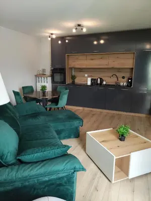 a living room with a green couch and a table at Your Sweet Home in Sofia