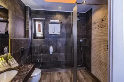 a bathroom with a shower and a toilet and a sink at 8 1/2 Art Guest House in Plovdiv