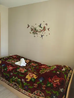 a bed with a comforter and a clock on the wall at The Bird Villa in Bosnek