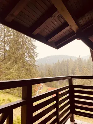 a balcony with a view of a forest at Forest Retreat, Stream Resort, Pamporovo in Stoykite