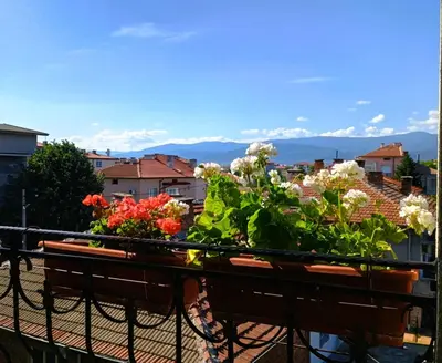 a balcony with flowers on top of a building at Uspeh bg in Plovdiv