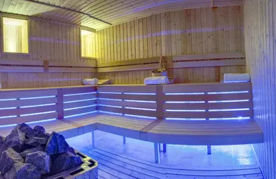 a sauna with wooden benches and rocks in it at Hotel Monte Cristo in Blagoevgrad