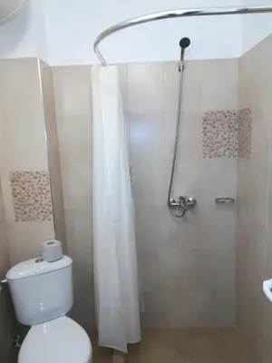 a bathroom with a shower with a toilet and a shower curtain at Guest House Edelweiss in Govedartsi