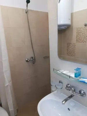 a bathroom with a toilet and a sink and a mirror at Guest House Edelweiss in Govedartsi