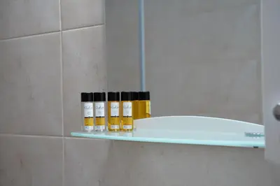 three bottles of essential oils on a shelf in a bathroom at NDK Skyline Studio in Sofia