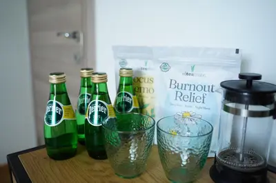 a group of bottles of beer sitting on a table at NDK Skyline Studio in Sofia