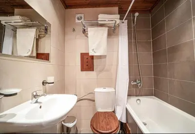 a bathroom with a toilet and a sink and a tub at Forest nest Cozy apartment white balcony on the hill in Bansko
