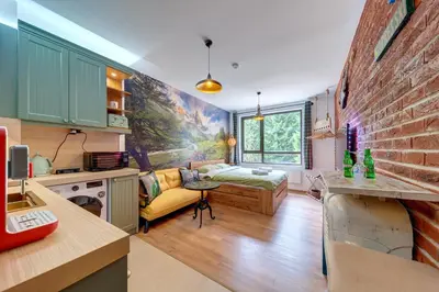 a kitchen and living room with a couch and a bed at Into the Woods - Charming Studio by Flat Manager in Smolyan