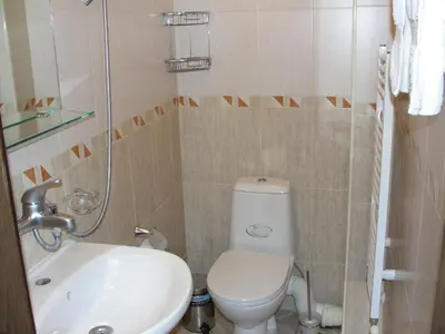 a bathroom with a white toilet and a sink at Villa Persenk in Lyaskovo