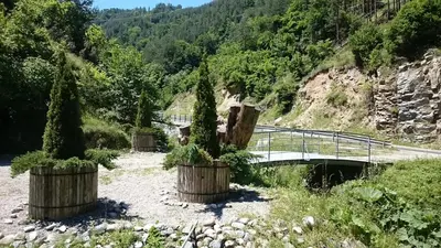 two large planters with plants in them next to a bridge at Villa Persenk in Lyaskovo