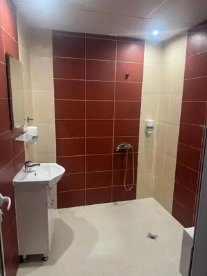 a bathroom with a sink and a shower with red tiles at Комлекс Кристо in Blagoevgrad