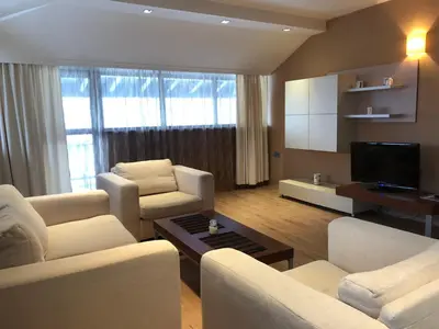 a living room with white couches and a tv at Panorama Apartment in Pamporovo