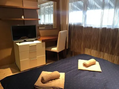 a room with a bed and a desk and a tv at Panorama Apartment in Pamporovo