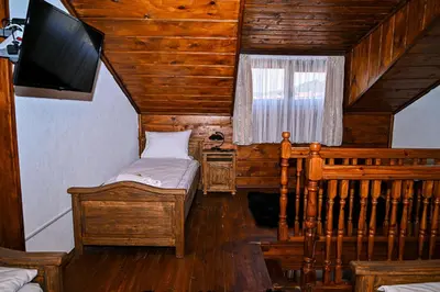 a room with two beds and a television in a cabin at Къща Джано in Dobrinishte