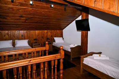 two beds in a room with wooden walls at Къща Джано in Dobrinishte