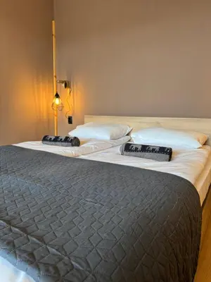two beds sitting next to each other in a room at VeliApartmets in Velingrad