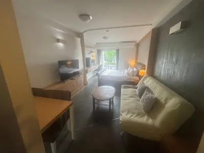 a living room with a couch and a table and a tv at Ski Retreat Spa Pool and Mountain Views in Bansko